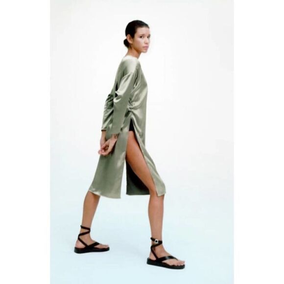 ZARA Long Khaki Satin Blouse Top Tunic Slits S - Picture 6 of 9